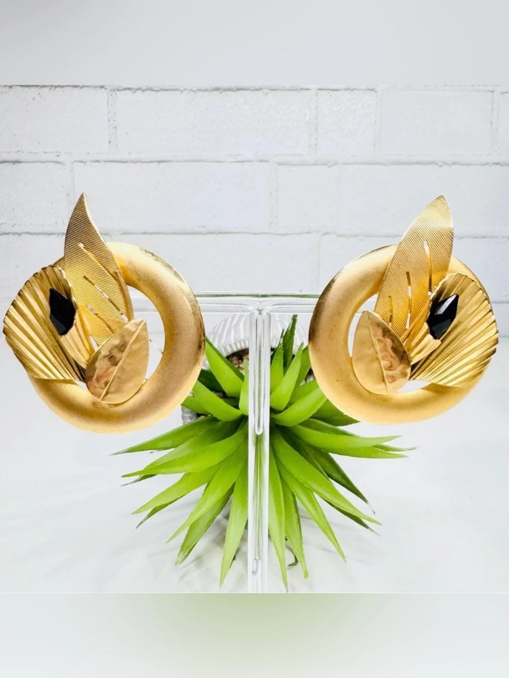 Vintage 80s Art Deco Satin Gold Tone Black Crystal Abstract Leaf Clip Earrings